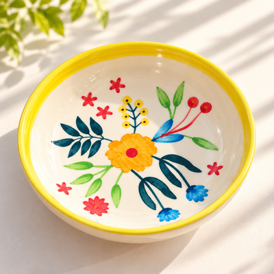 Floral Extravaganza Ceramic Shallow Bowl - Large (7.5 x 2 Inches)