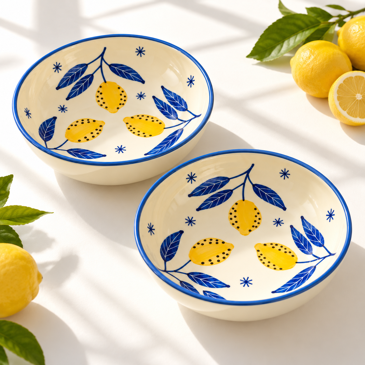 Lemon Leafy Ceramic Shallow Bowl - Large (7.5 x 2 Inches)