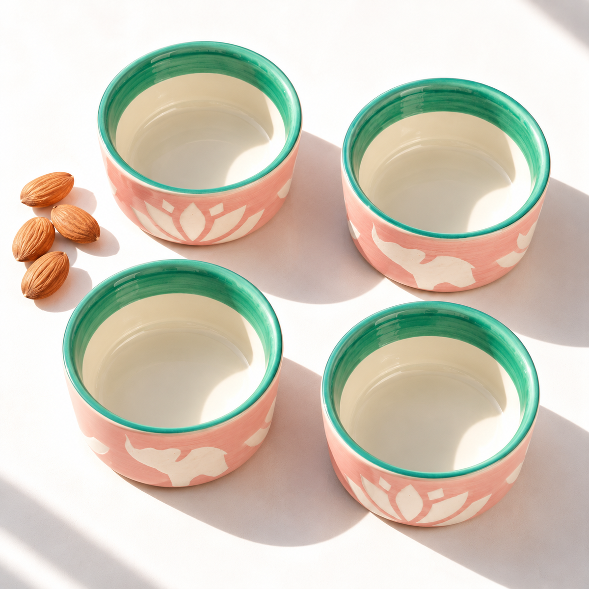 Lucky Lotus Handpainted Ceramic Ramekin Bowls Set of 4 - Pink