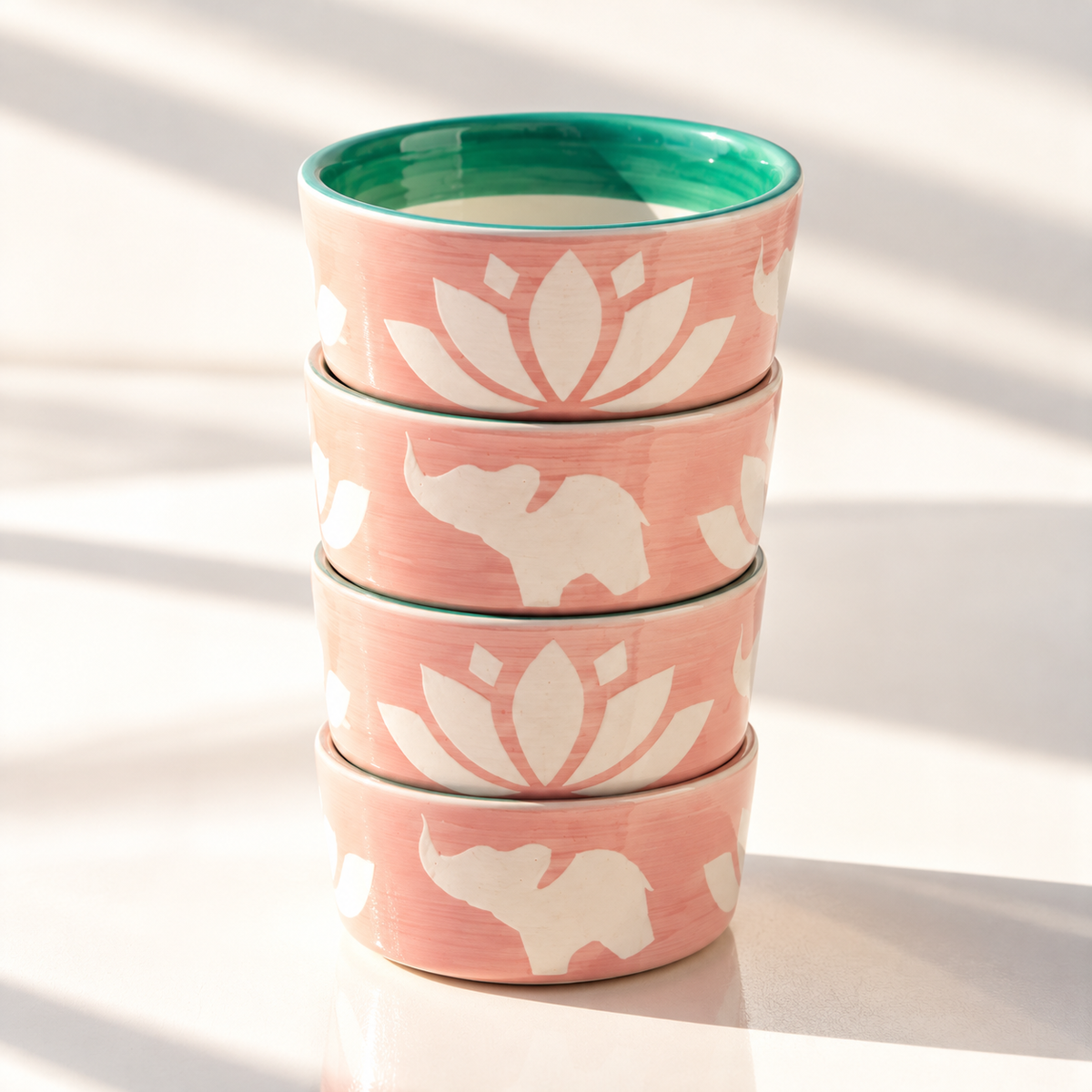 Lucky Lotus Handpainted Ceramic Ramekin Bowls Set of 4 - Pink
