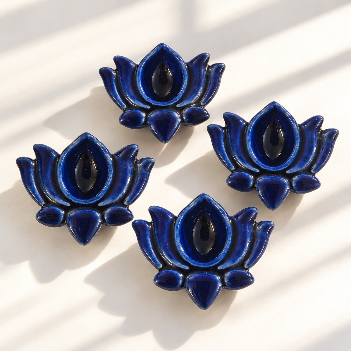 Lotus Dark Blue Ceramic Diya's Set of 4