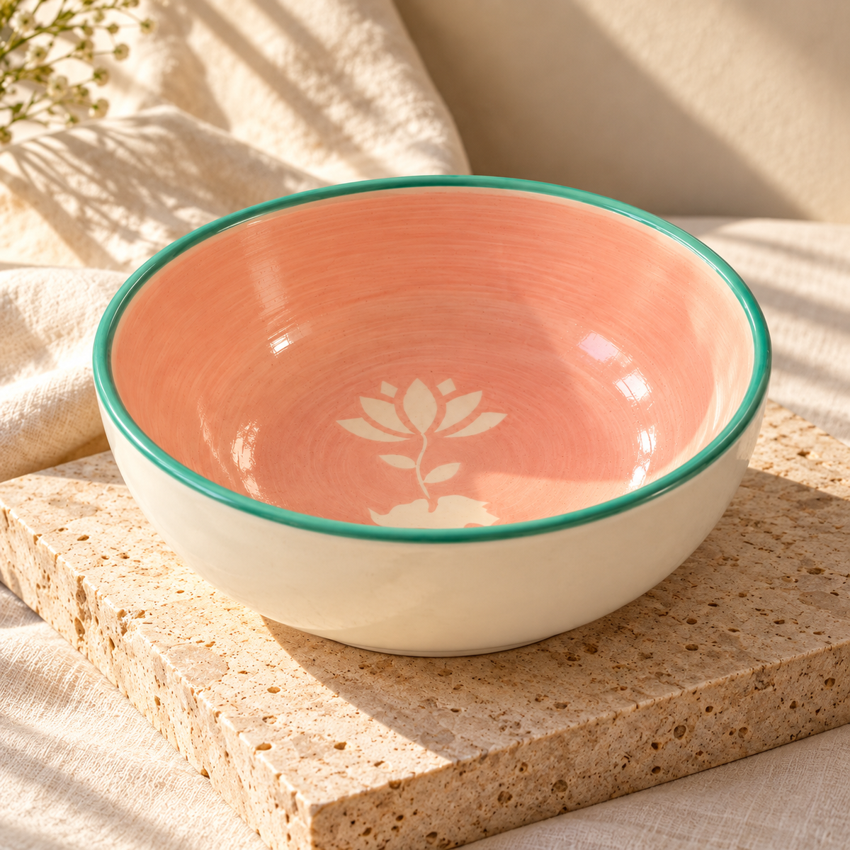 Lucky Lotus Handpainted Ceramic Bowl - Large (Pink & Green )