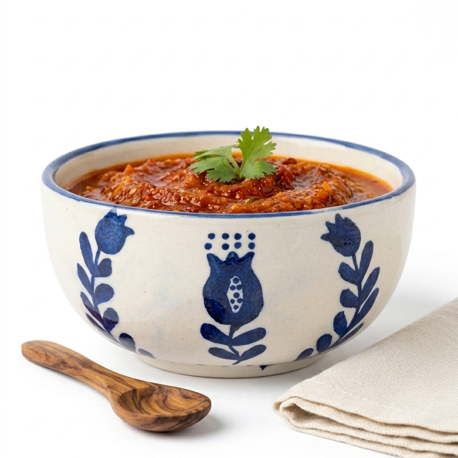 A ceramic bowl filled with a chunky red-orange sauce or soup, garnished with a parsley sprig, styled on a white background with a wooden spoon and a folded beige cloth.