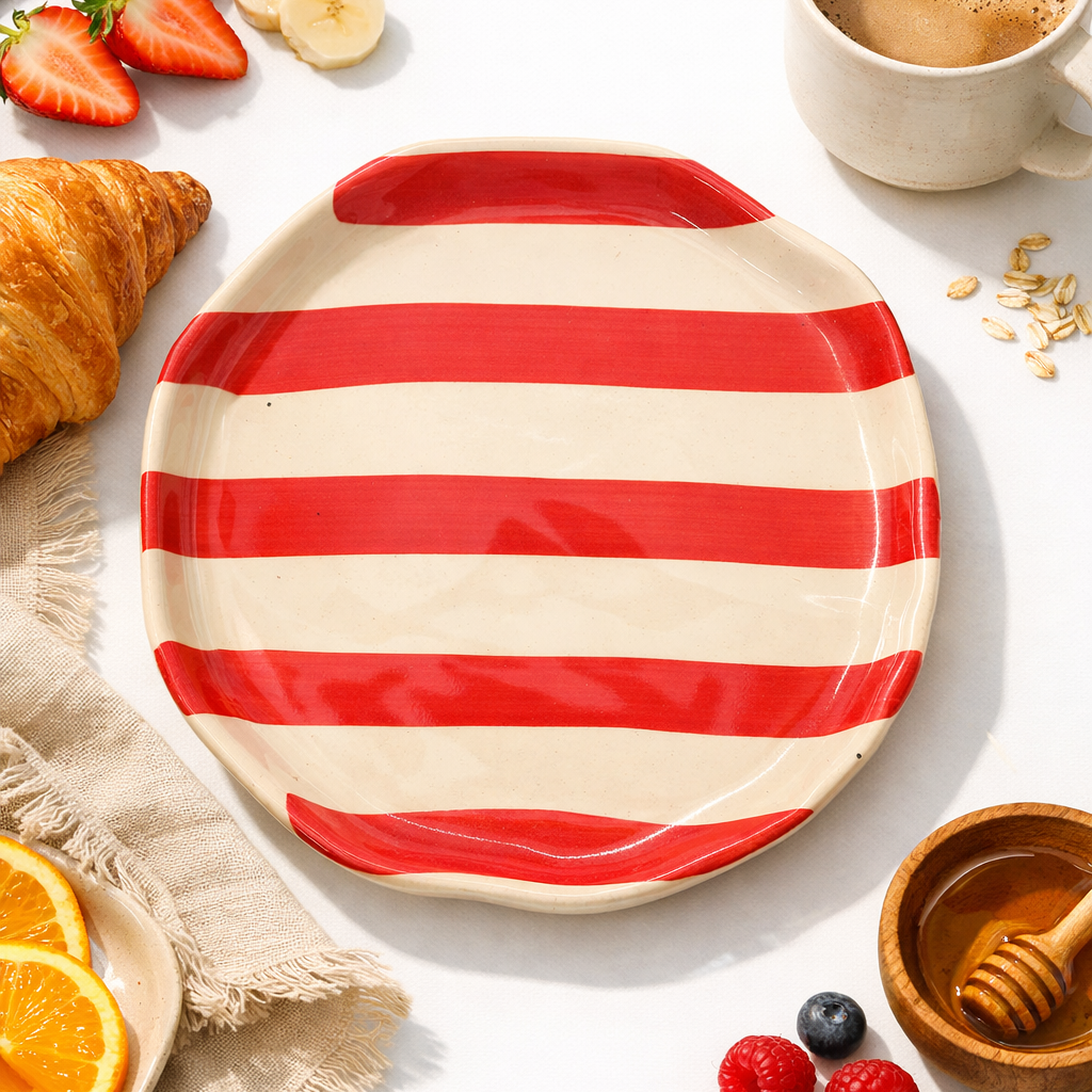 Vintage Red Stripe Ceramic Plates - Single