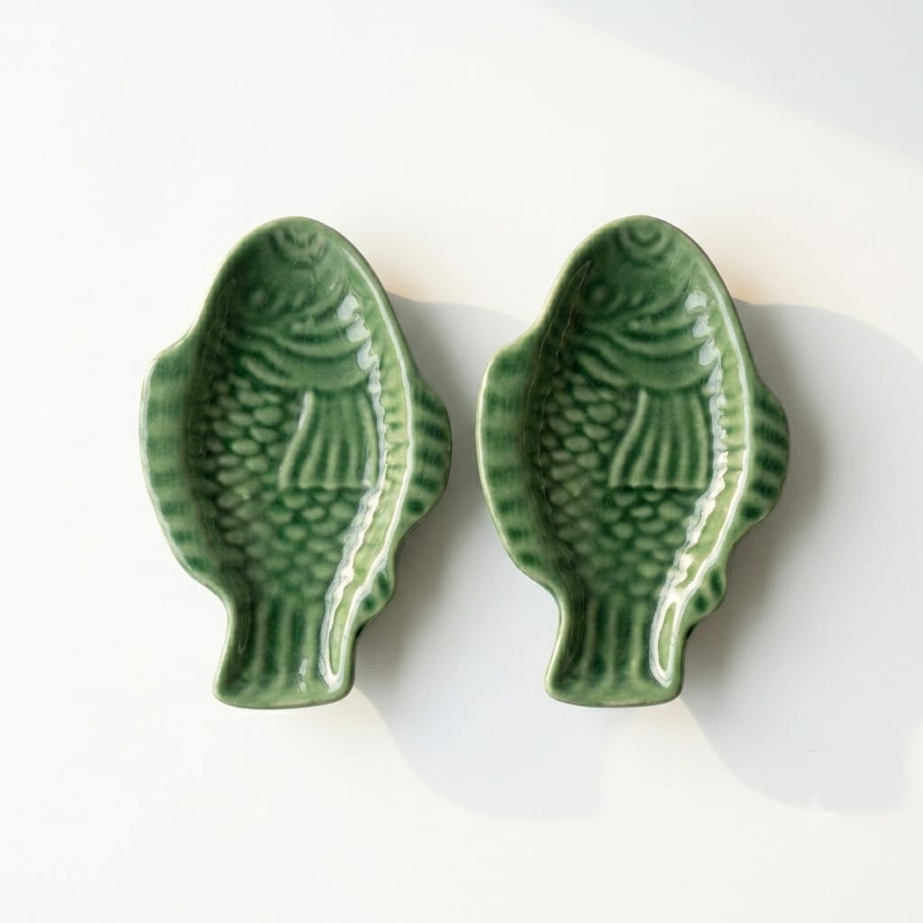 Green Ceramic Stoneware Fish Platters - Set of 2