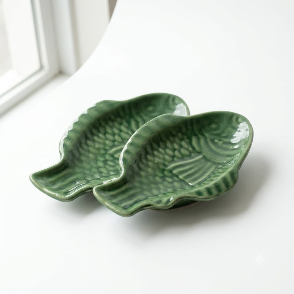 Green Ceramic Stoneware Fish Platters - Set of 2