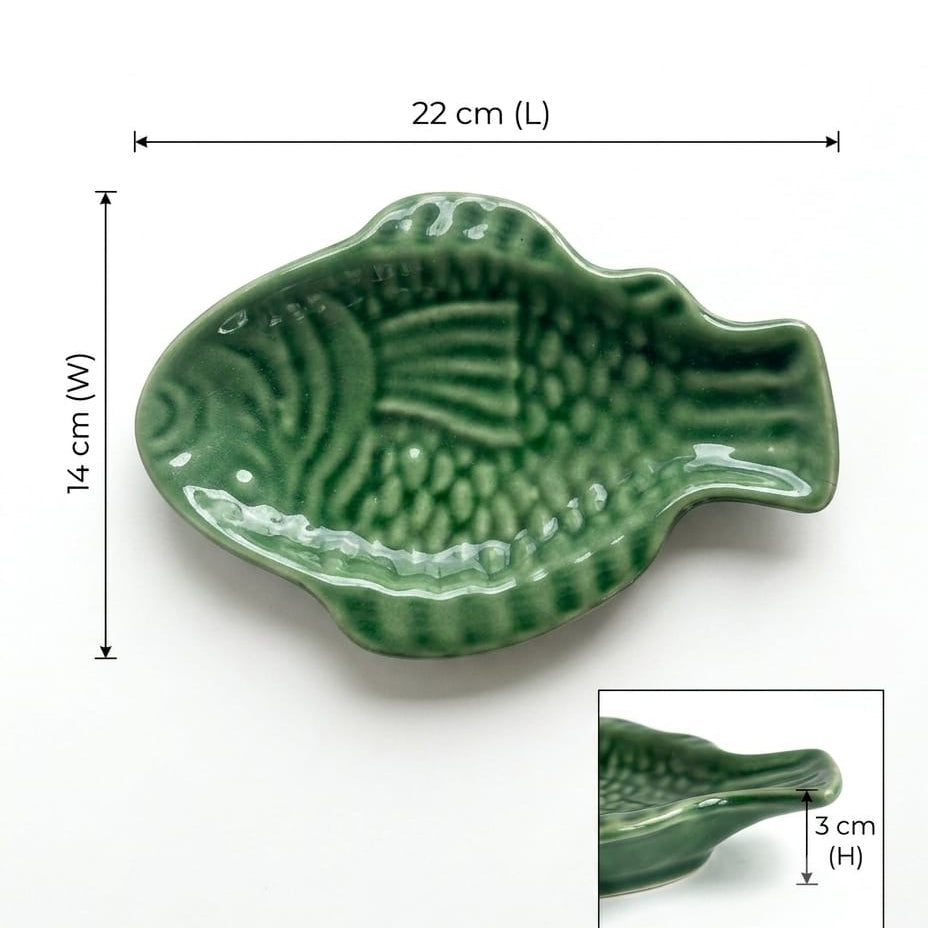 Green Ceramic Stoneware Fish Platters - Set of 2