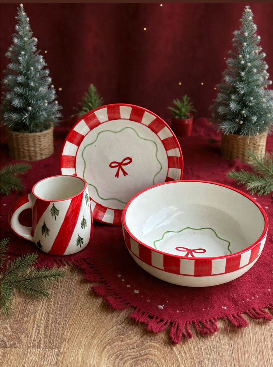 Candy Cane Bow Red Ceramic Set of 3