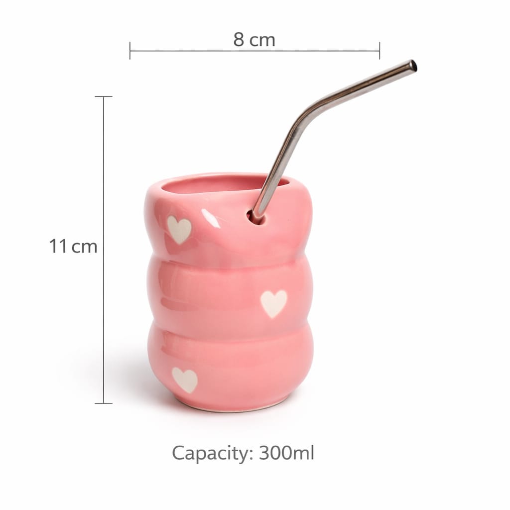 Pink Heart Ceramic Glass with Straw