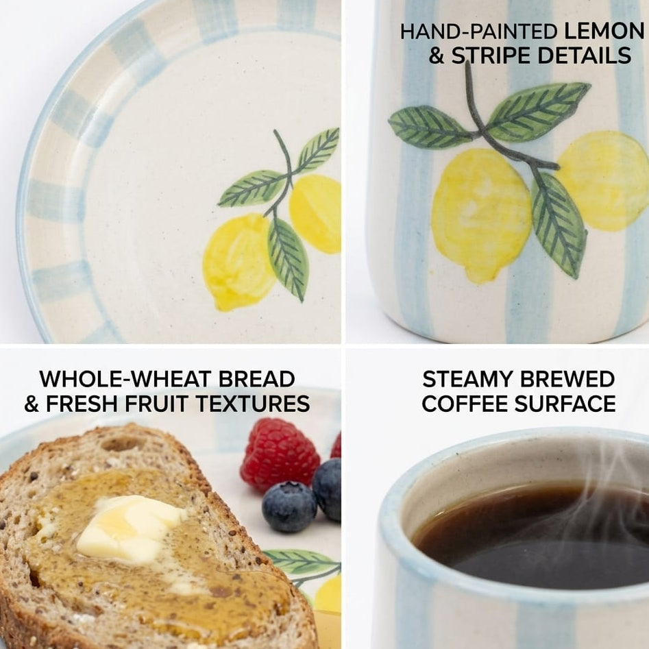 Lemon Stripe Elegance Ceramic Breakfast Set of 4