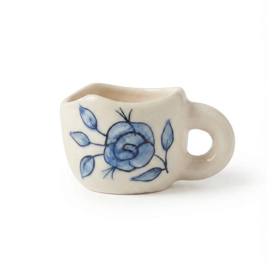 Hand‑Painted Blue Rose Pentagonal Ceramic Tea Cup ( 250–300 ml )
