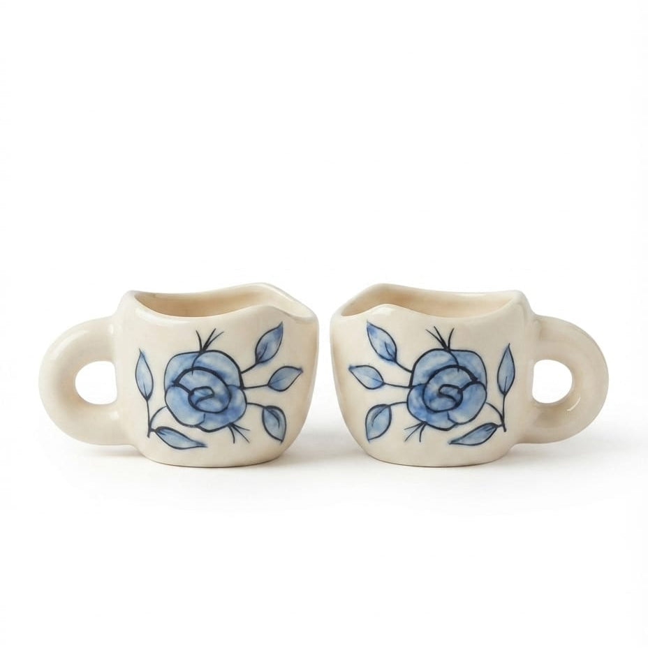 Hand‑Painted Blue Rose Pentagonal Ceramic Tea Cup ( 250–300 ml )