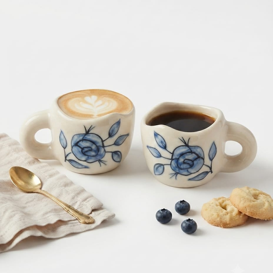 Hand‑Painted Blue Rose Pentagonal Ceramic Tea Cup ( 250–300 ml )