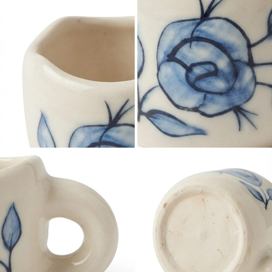 Hand‑Painted Blue Rose Pentagonal Ceramic Tea Cup ( 250–300 ml )