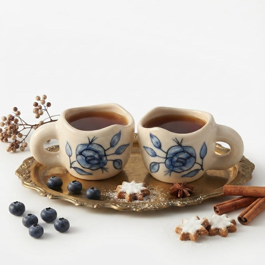 Hand‑Painted Blue Rose Pentagonal Ceramic Tea Cup ( 250–300 ml )