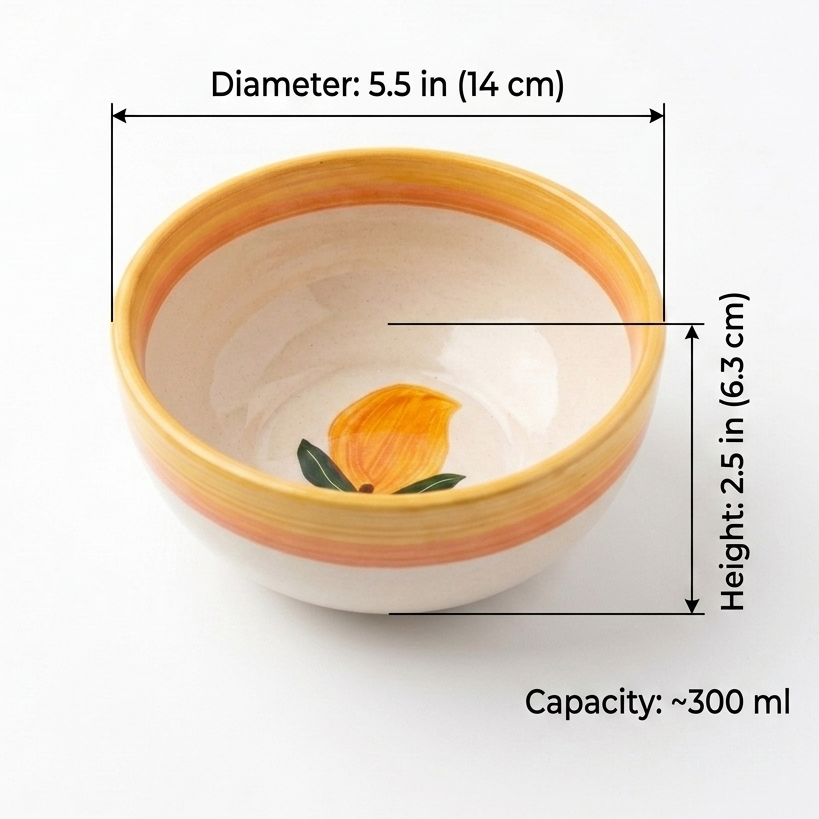 Ceramic bowl with a lemon design, shown with measurements on a white background