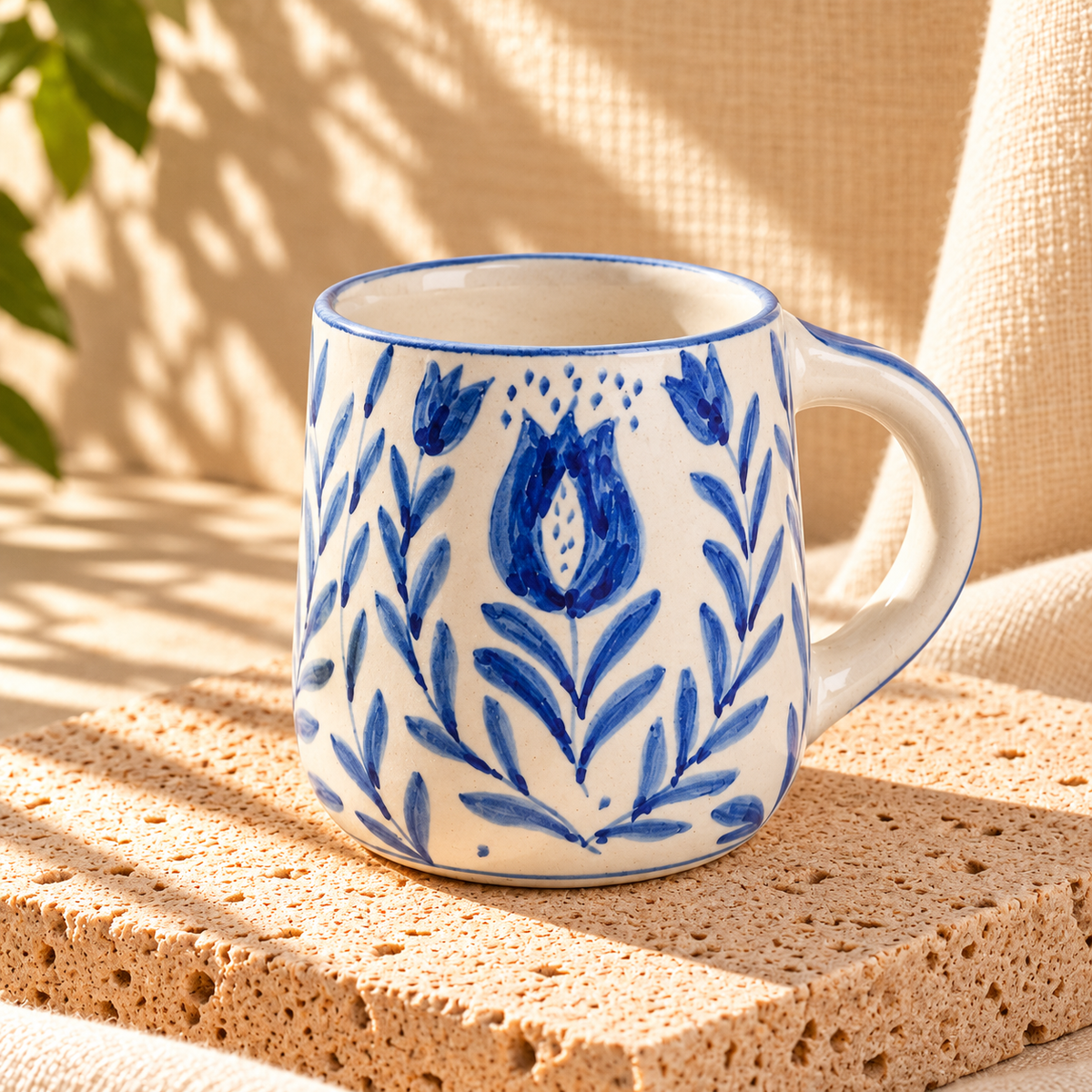 Anaar & Floral Folk Art Ceramic Mug (Blue)