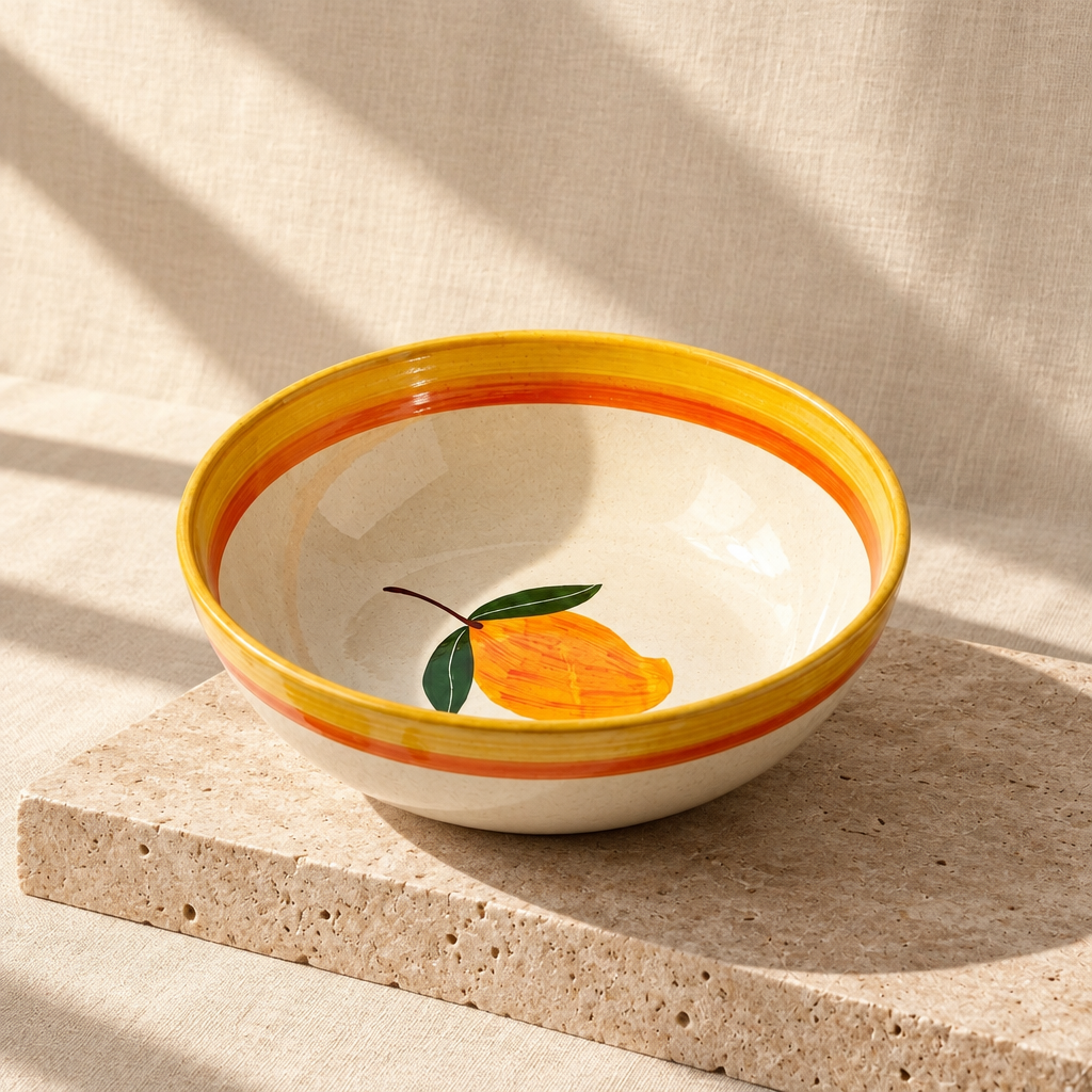 A ceramic bowl with a yellow and orange rim and a painted mango design inside, styled on a white surface with a spoon on a beige napkin and mango pieces nearby.