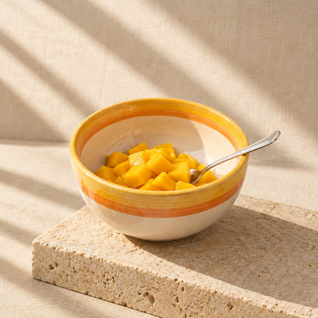 A ceramic bowl with orange and yellow stripes, filled with diced mango, styled on a white surface with a sliced mango, mint leaves, and a beige linen napkin.