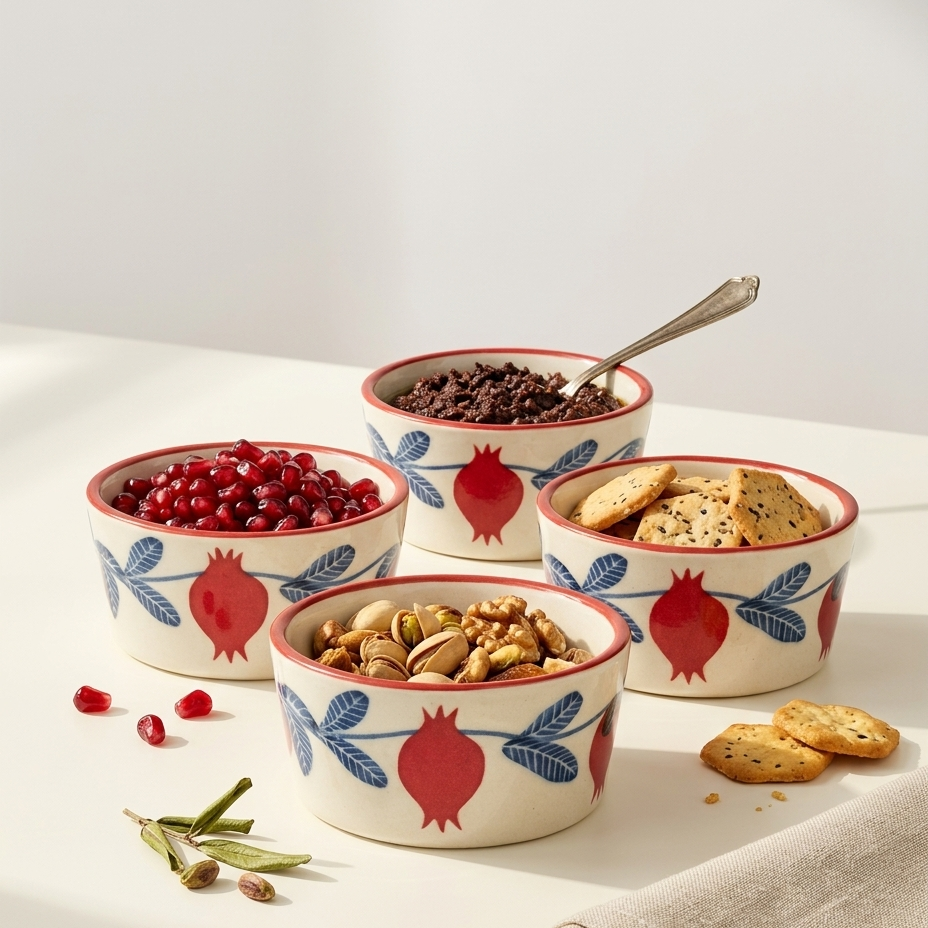 Four cream-colored ceramic bowls with a red and blue pomegranate pattern, filled with snacks like pomegranates, pistachios, cookies, and chocolate, arranged on a white surface with a beige napkin.