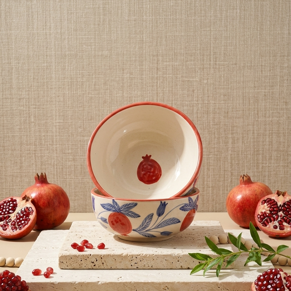 Two ceramic bowls with a pomegranate and blue floral pattern, stacked on a stone pedestal with whole and halved pomegranates and green leaves around them.
