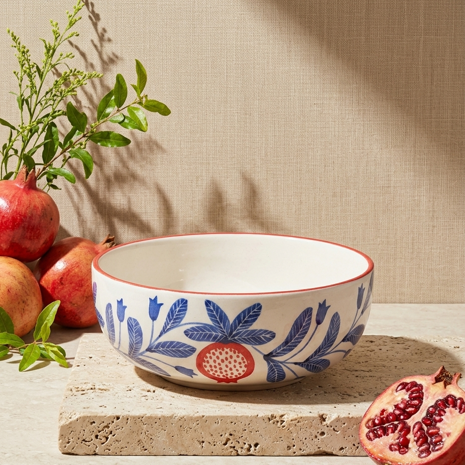 A white ceramic bowl with a blue floral pattern and red rim, styled on a stone slab with pomegranates and a beige linen backdrop.