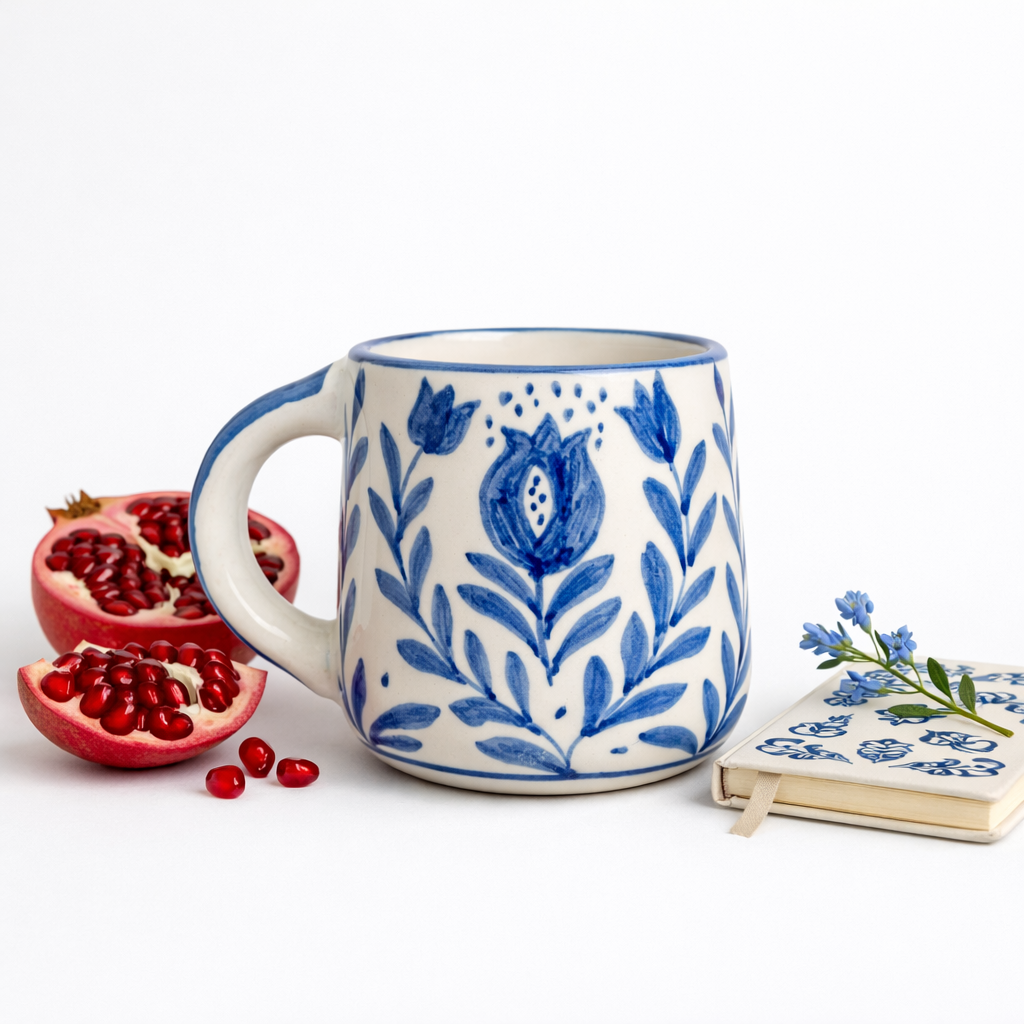 Anaar & Floral Folk Art Ceramic Mug (Blue)