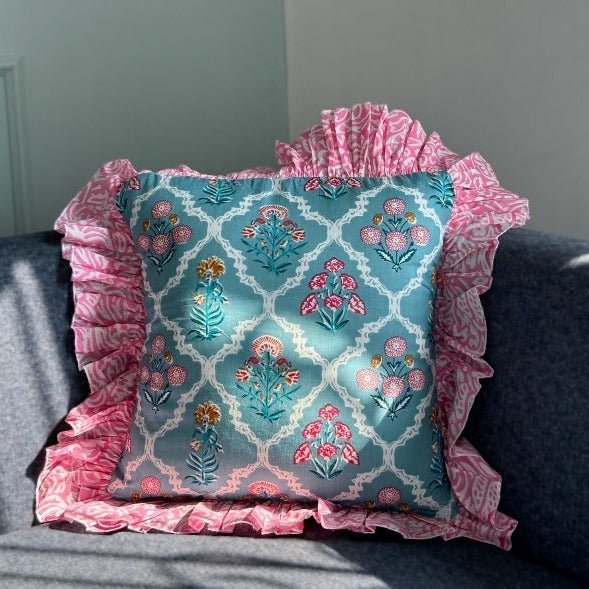 Aquamarine Blue Pop Pink Ruffle Cushion Cover - Nurture India