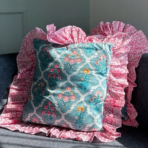 Aquamarine Blue Pop Pink Ruffle Cushion Cover - Nurture India
