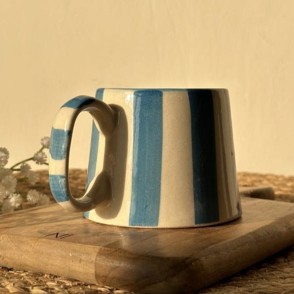 Baby Blue Stripe Ceramic Coffee Cup - Serene 220ml - Nurture India