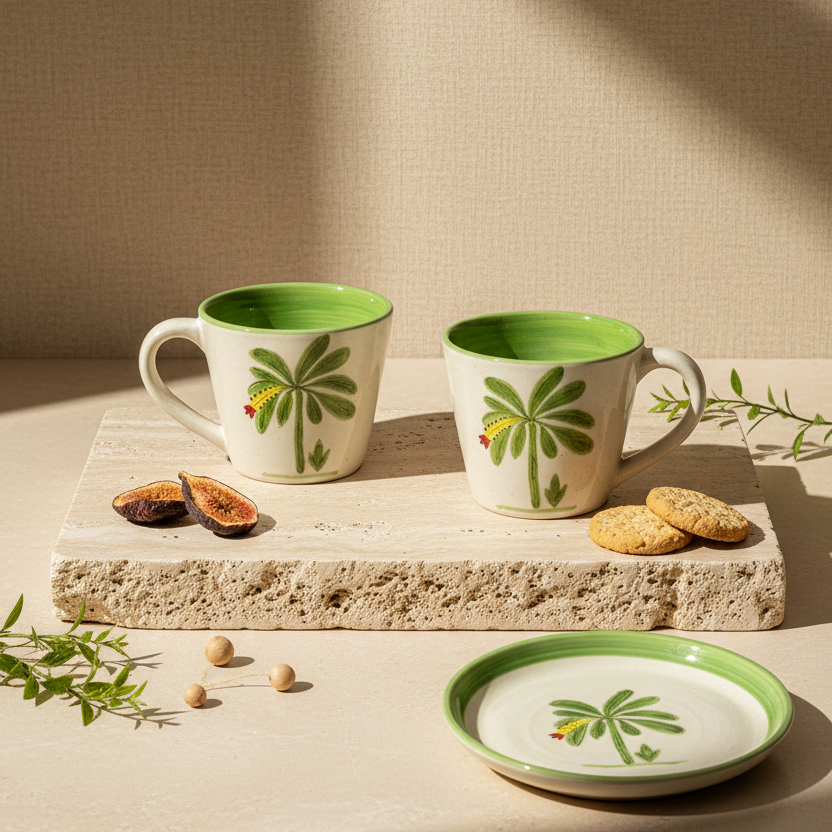 Banana Bloom Handpainted Ceramic Coffee Set – 2 Mugs & 2 Tapas