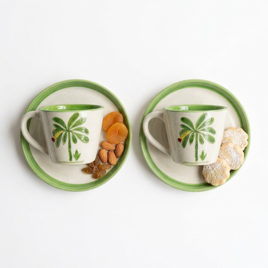 Banana Bloom Handpainted Ceramic Coffee Set – 2 Mugs & 2 Tapas
