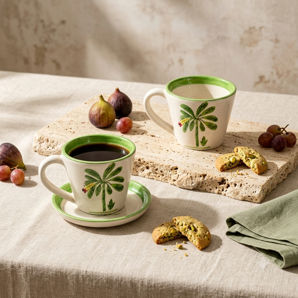 Banana Bloom Handpainted Ceramic Coffee Set – 2 Mugs & 2 Tapas