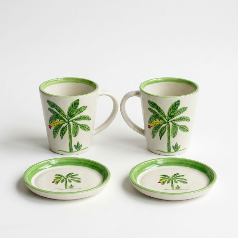 Banana Bloom Handpainted Ceramic Coffee Set – 2 Large Mugs & 2 Tapas