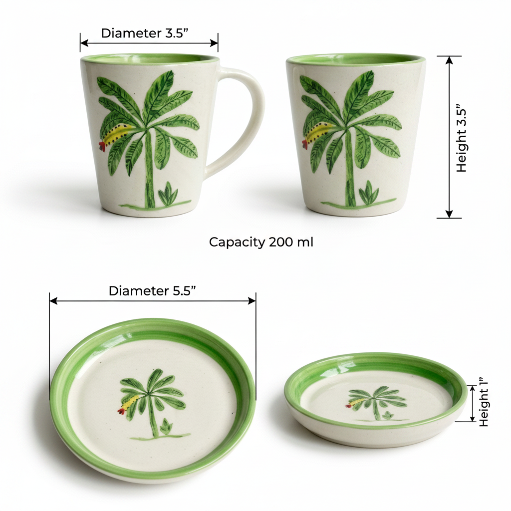 Banana Bloom Handpainted Ceramic Coffee Set – 2 Large Mugs & 2 Tapas