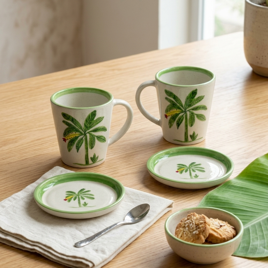 Two ceramic mugs and two matching coasters with green palm tree illustrations, arranged on a light wood table with a folded cream napkin, a spoon, and a small bowl of cookies.