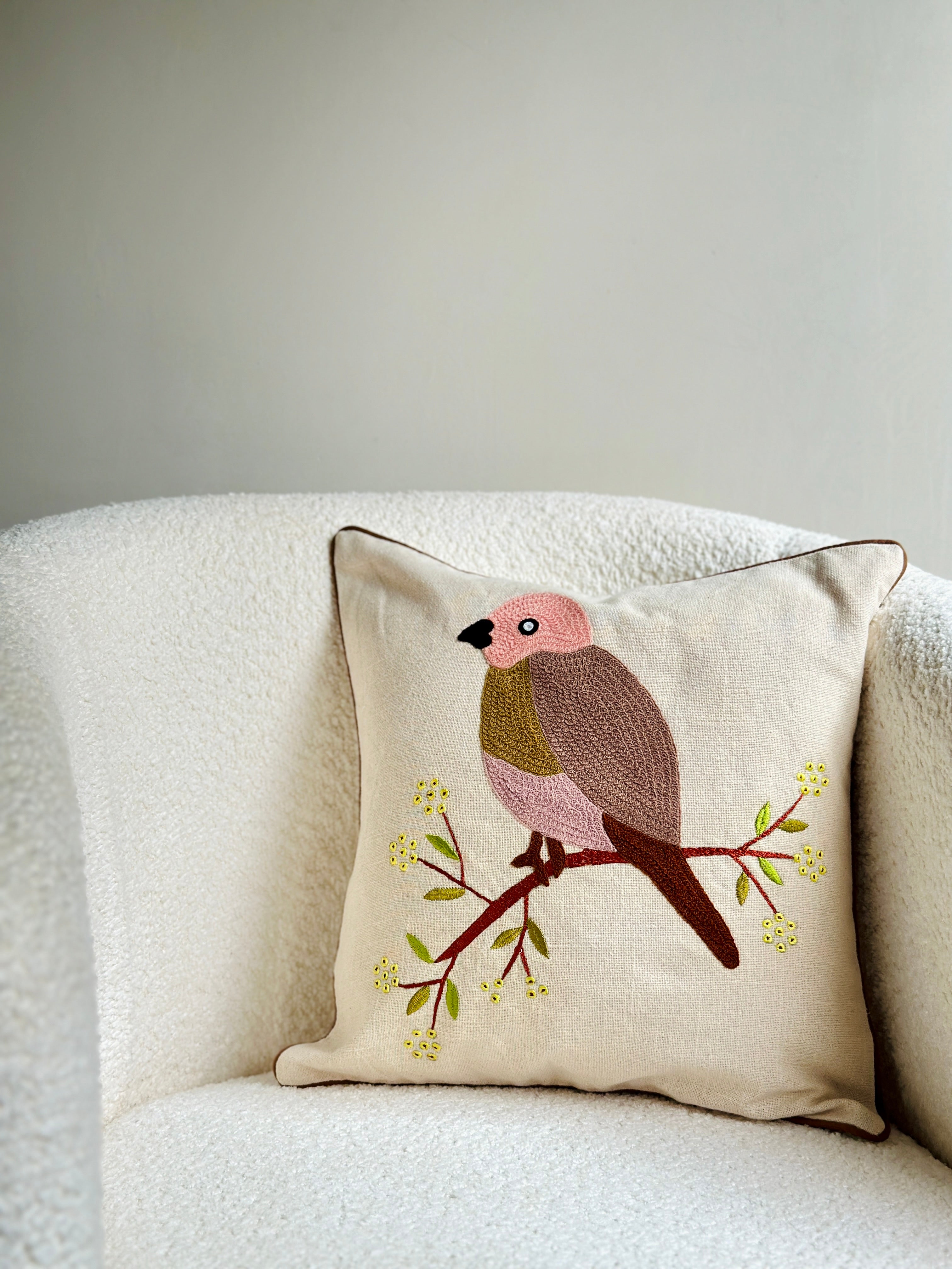 bird cushion cover cotton embroidered nurture india