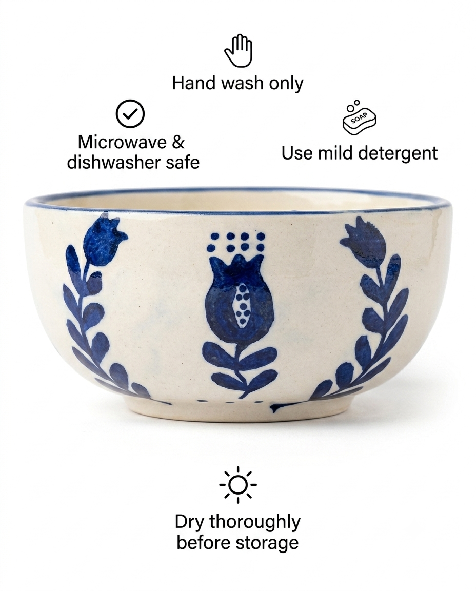 A ceramic bowl with a blue floral pattern on an off-white background, shown with text callouts about care instructions including hand wash only, microwave and dishwasher safe, use mild detergent, and dry thoroughly before storage.