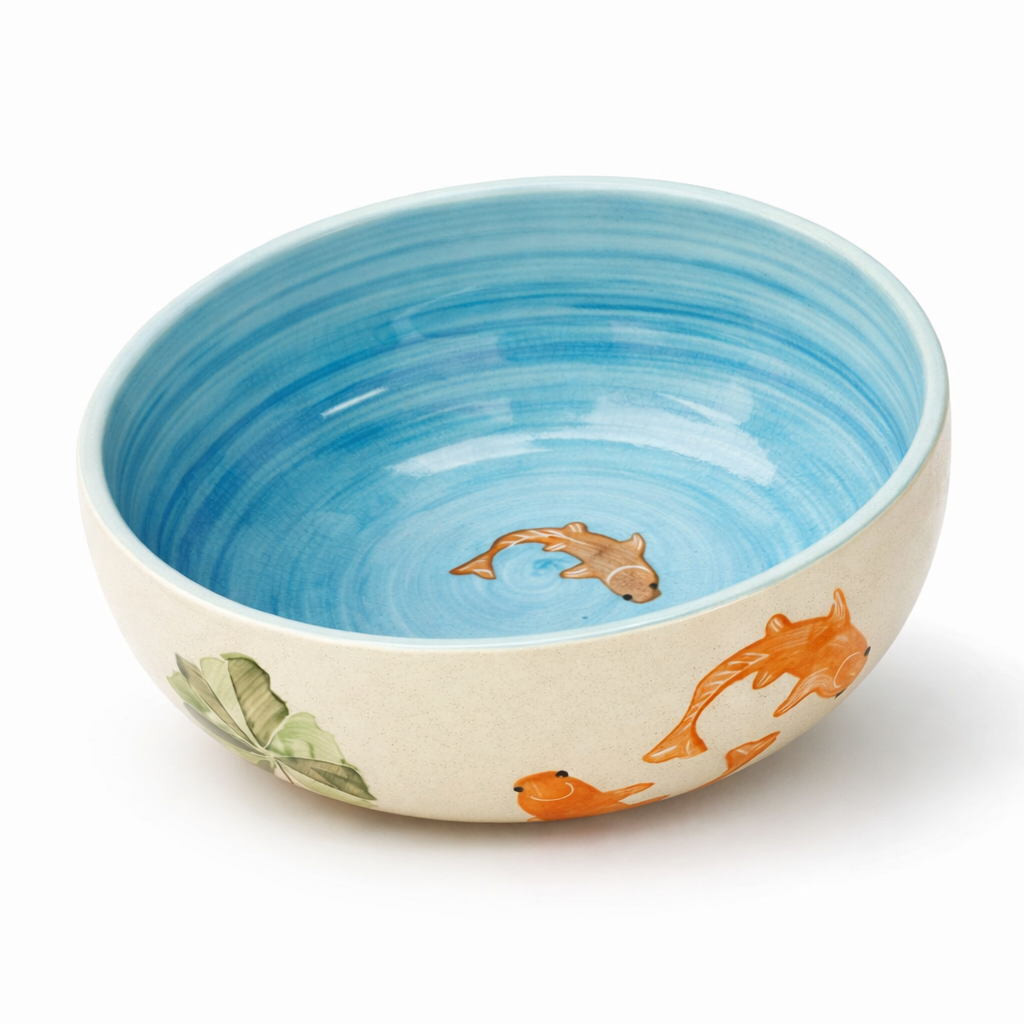 Ceramic bowl with blue interior and white exterior, featuring goldfish designs.