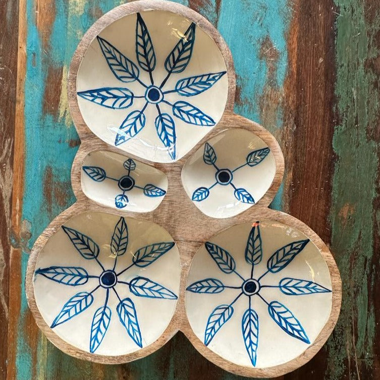 Blue & White Mango Wood Enamel Chip & Dip Platter - Nurture India