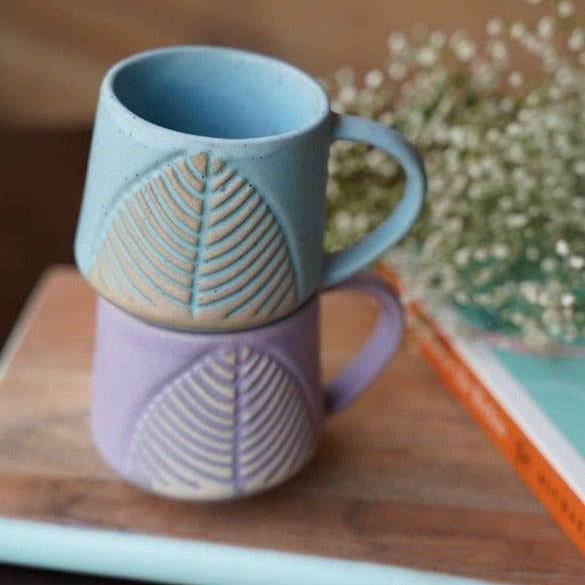 Ceramic Coffee Cup - Leafy Lavender Design - 300ml Capacity - Nurture India