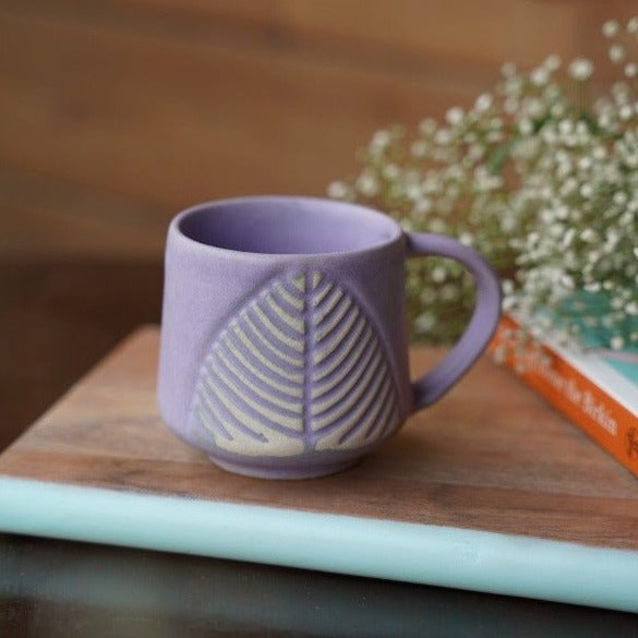 Ceramic Coffee Cup - Leafy Lavender Design - 300ml Capacity - Nurture India