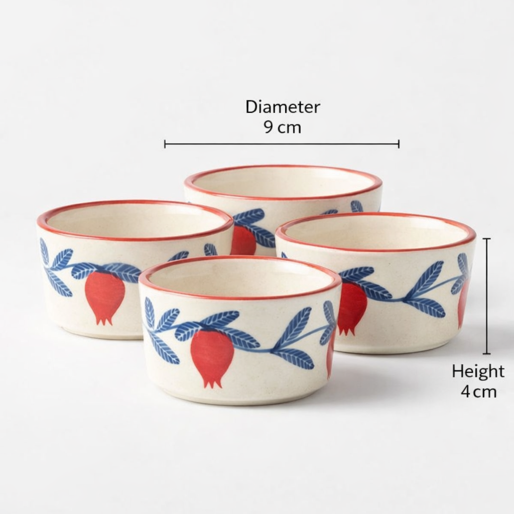 Ceramic ramekin bowls with pomegranate design and measurements on a white background