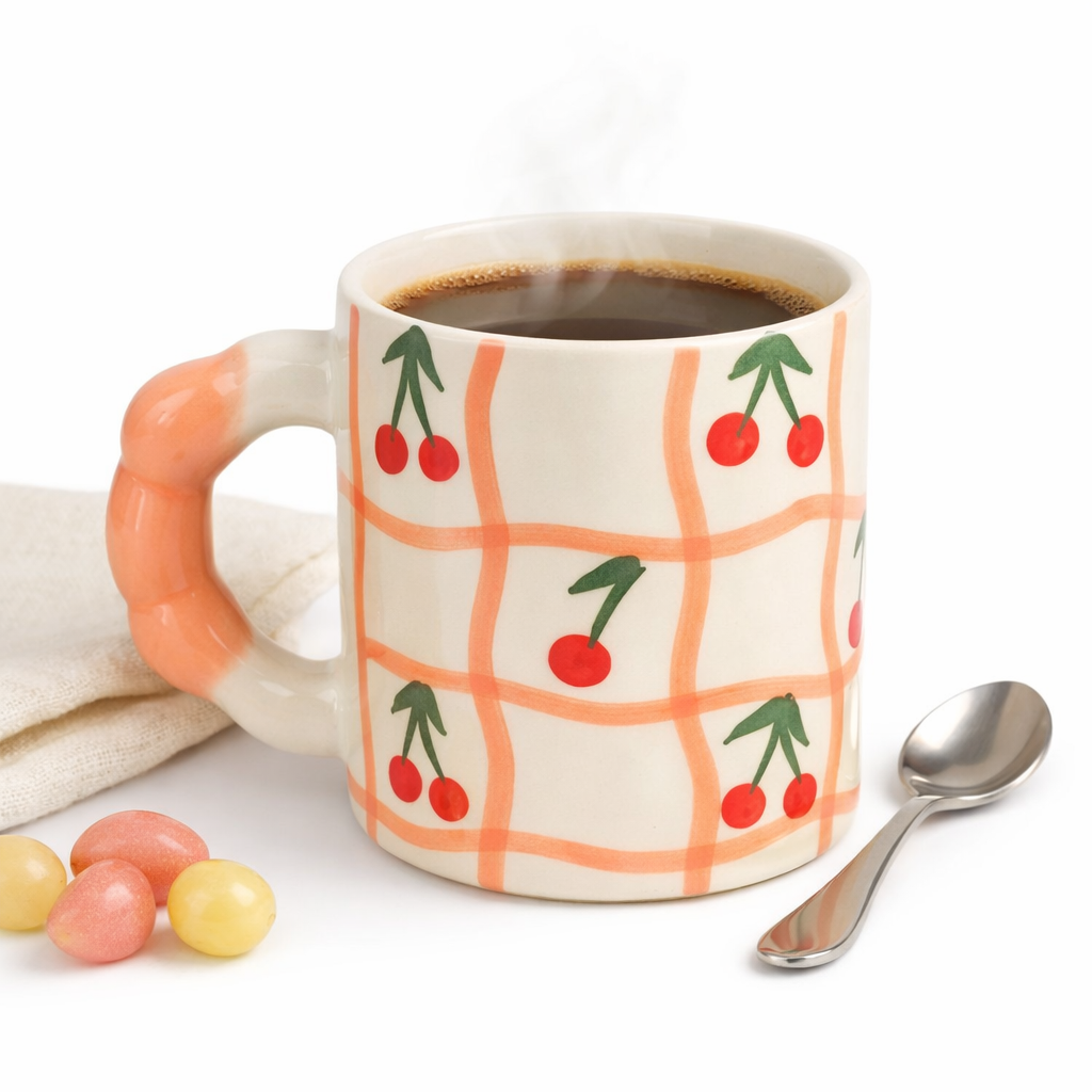 Cherry Grid Handpainted Ceramic Mug – Peach Handle