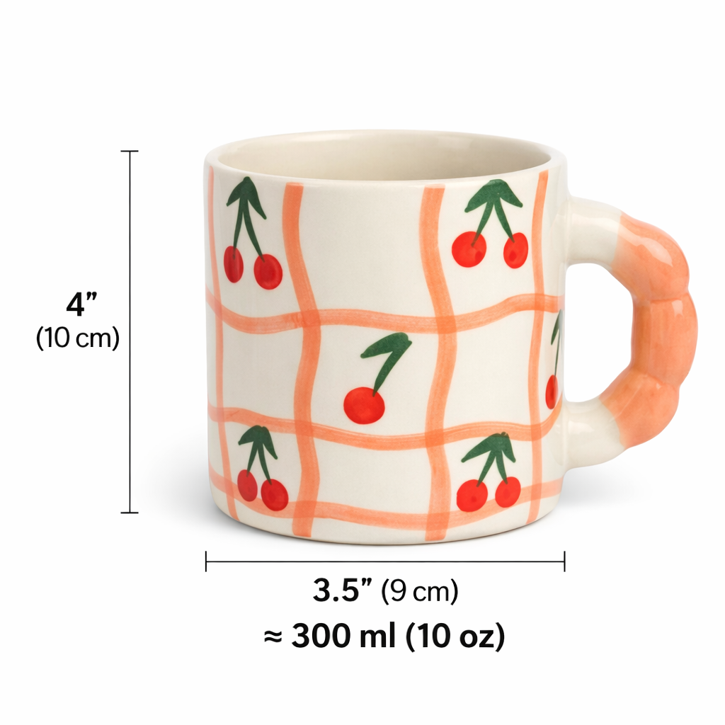 Cherry Grid Handpainted Ceramic Mug – Peach Handle