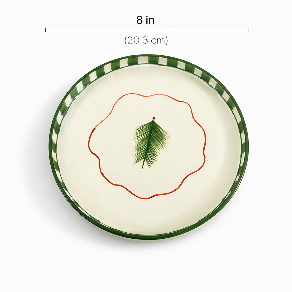 Round ceramic plate with green rim and leaf design, shown with dimensions on a white background.