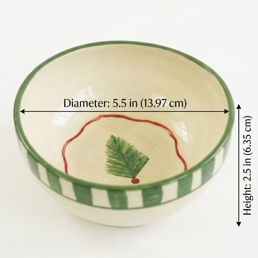Ceramic bowl with green rim and red design, showing measurements and capacity on a white background.