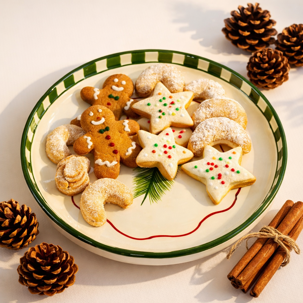 Assorted Christmas cookies on a decorative plate with pine cones and cinnamon sticks.