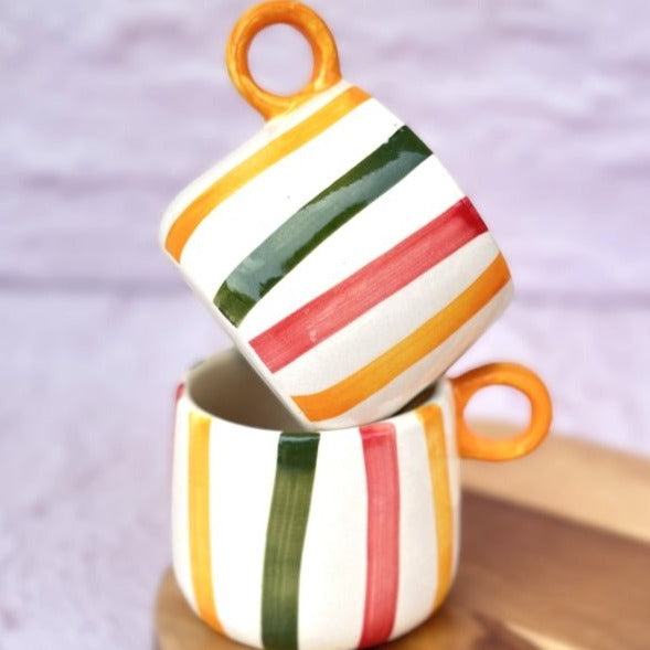 Colourful Stripes Ceramic Coffee Cup - (300ml) - Nurture India