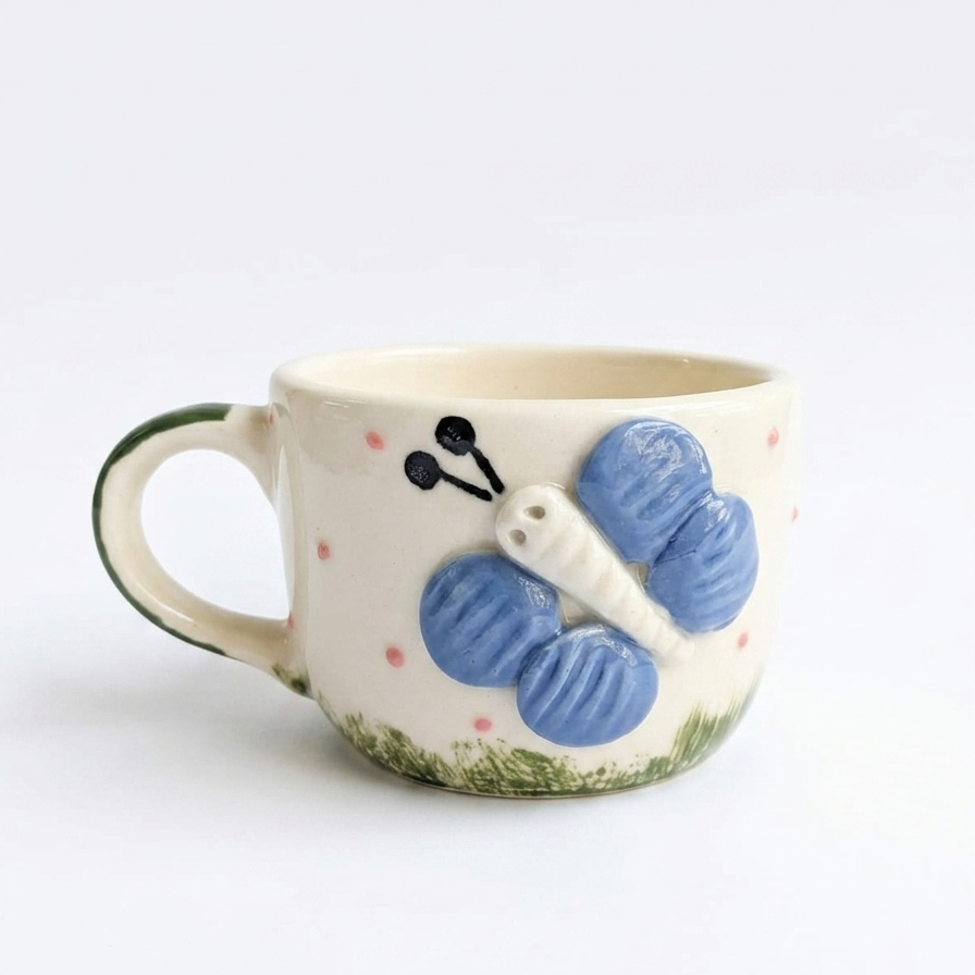 Cute 3D Butterfly Ceramic Coffee Mug with Pink Polka Dots (250 ml)